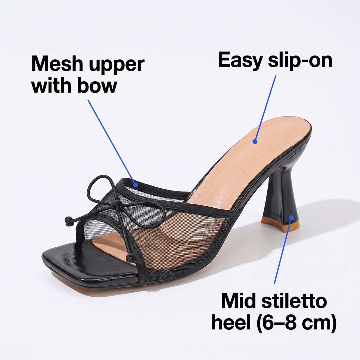Mule features: mesh upper with bow, easy slip-on, mid stiletto heel 6 to 8 cm