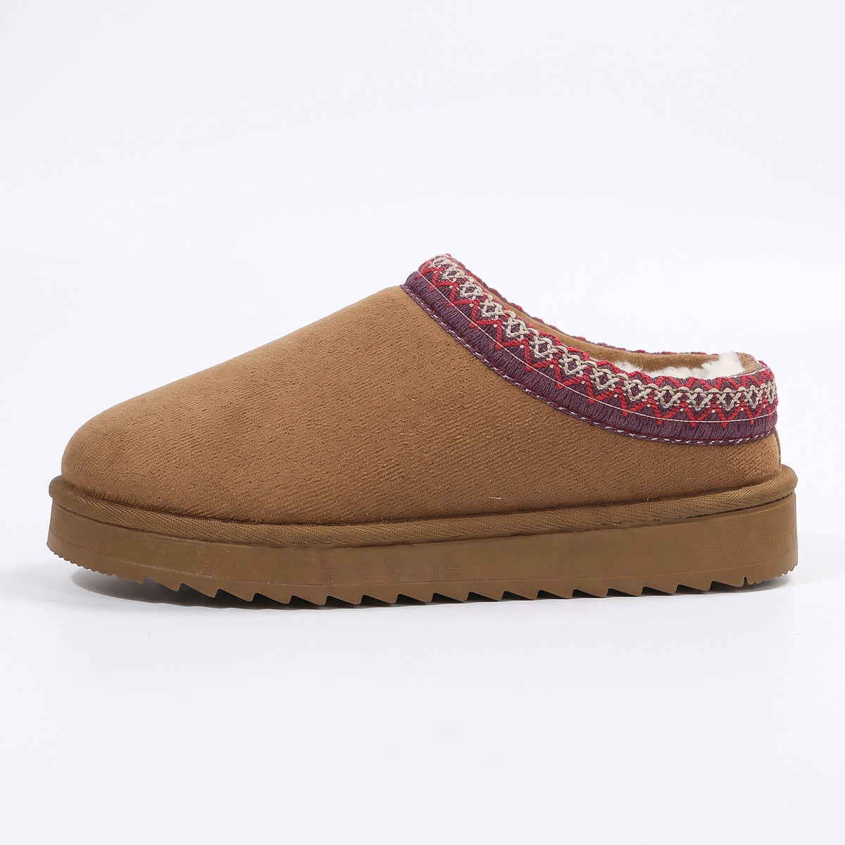 Side view of a chestnut slipper showing the platform sole
