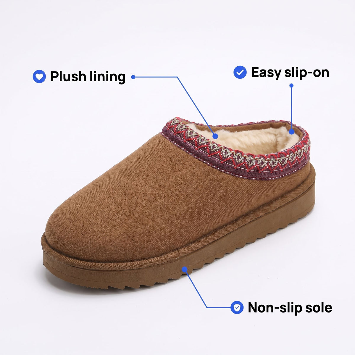 Slipper features: plush lining, easy slip-on, non-slip sole